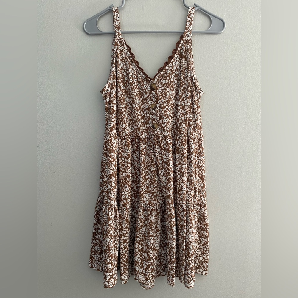 Brown and White Ditsy Floral Tiered Dress